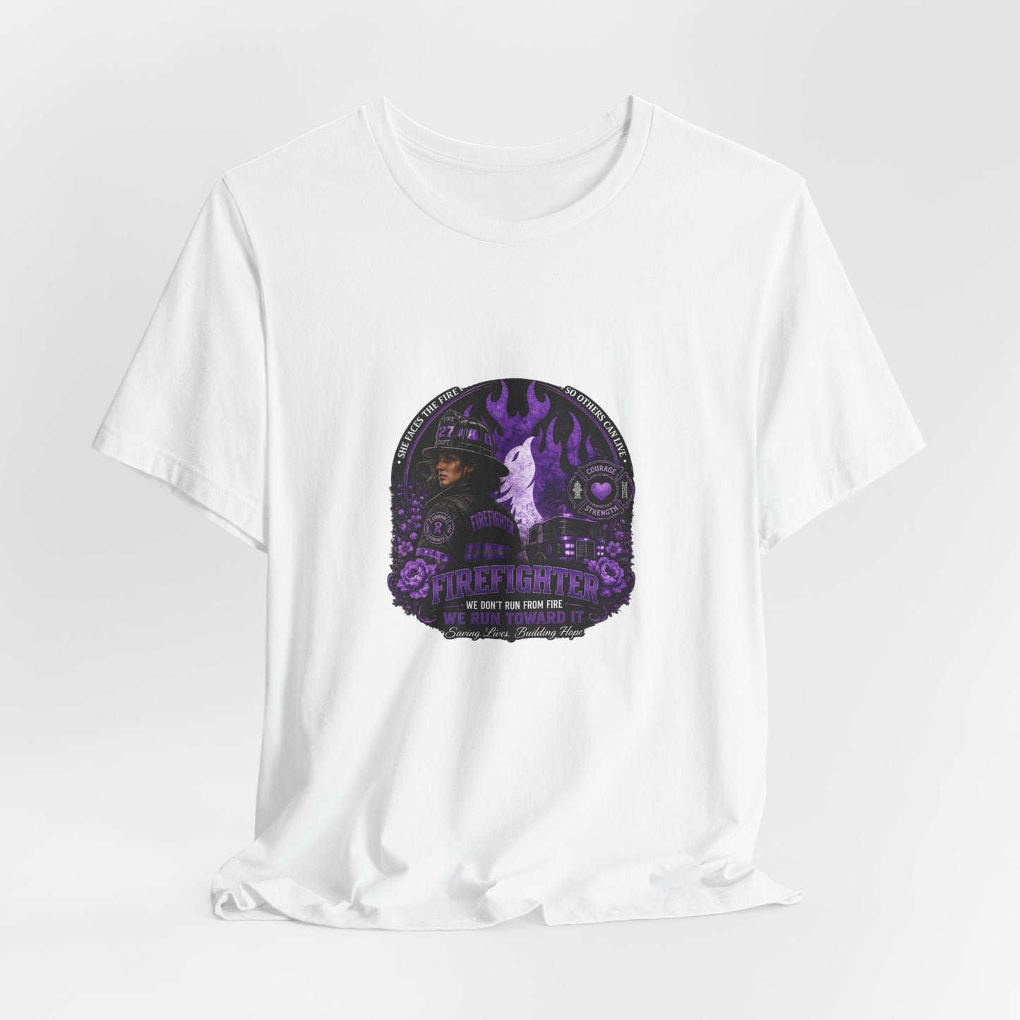 Women’s Firefighter Shirt – We Run Toward It | Purple Courage Fire & Rescue Graphic Tee
