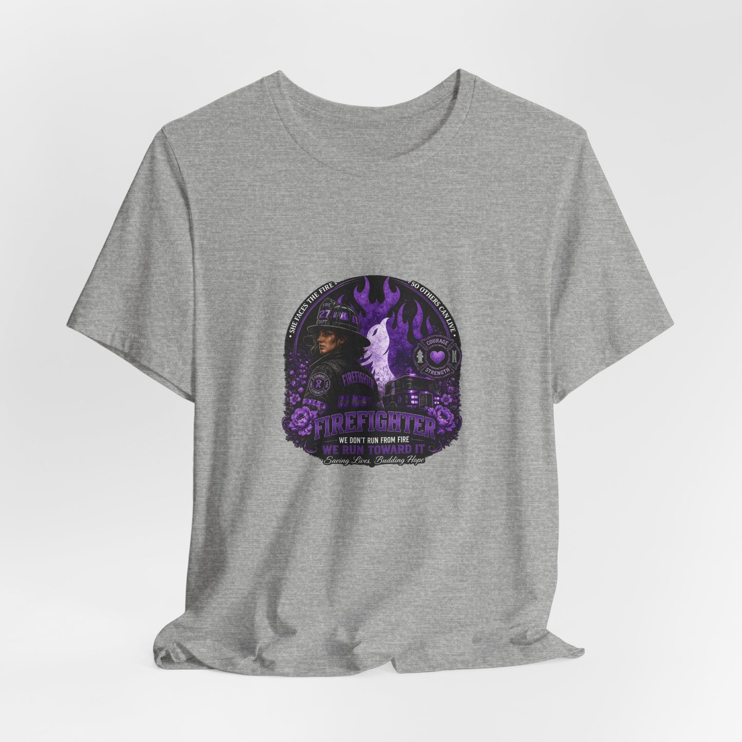 Women’s Firefighter Shirt – We Run Toward It | Purple Courage Fire & Rescue Graphic Tee