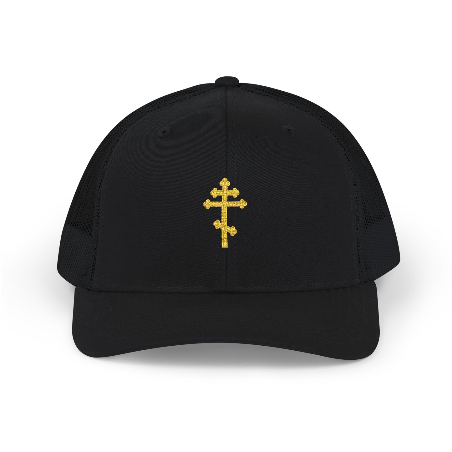 Orthodox Cross Black Mesh Snapback Hat – Gold Embroidered Cross