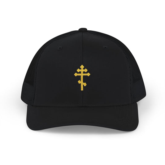 Orthodox Cross Black Mesh Snapback Hat – Gold Embroidered Cross