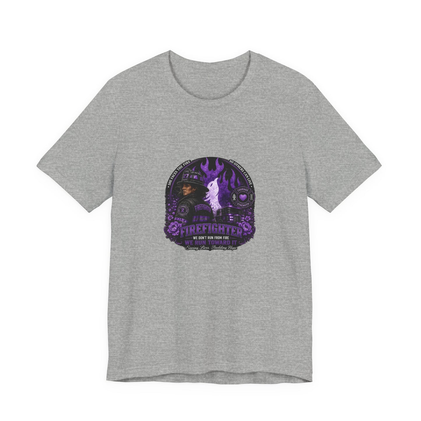 Women’s Firefighter Shirt – We Run Toward It | Purple Courage Fire & Rescue Graphic Tee