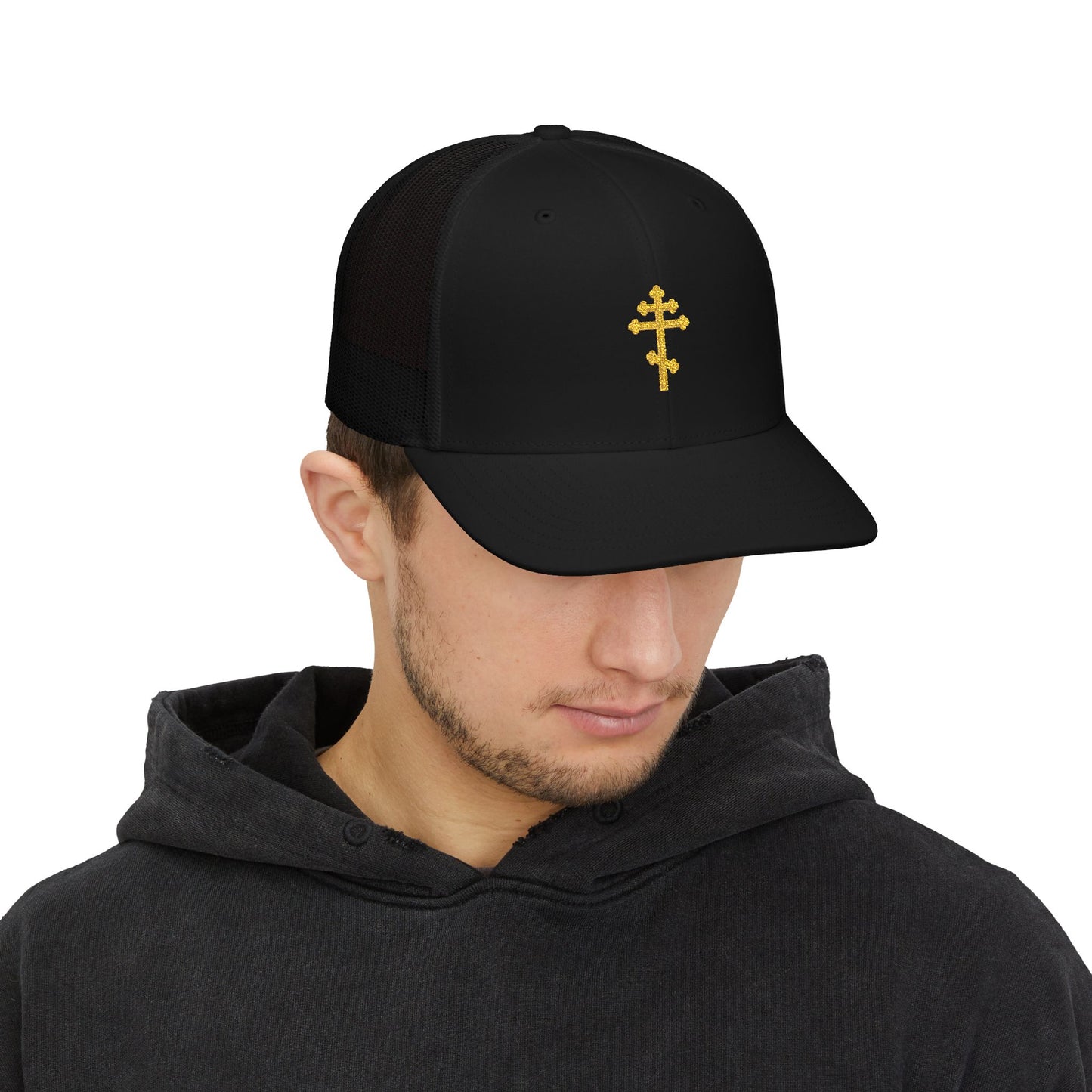 Orthodox Cross Black Mesh Snapback Hat – Gold Embroidered Cross